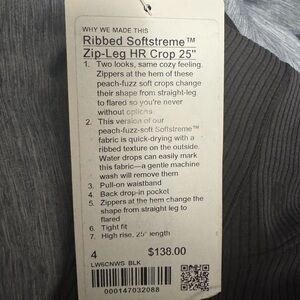 NWT Lululemon Ribbed Softstreme T™
Zip-Leg HR Crop 25" (Black, size 4) new w tag